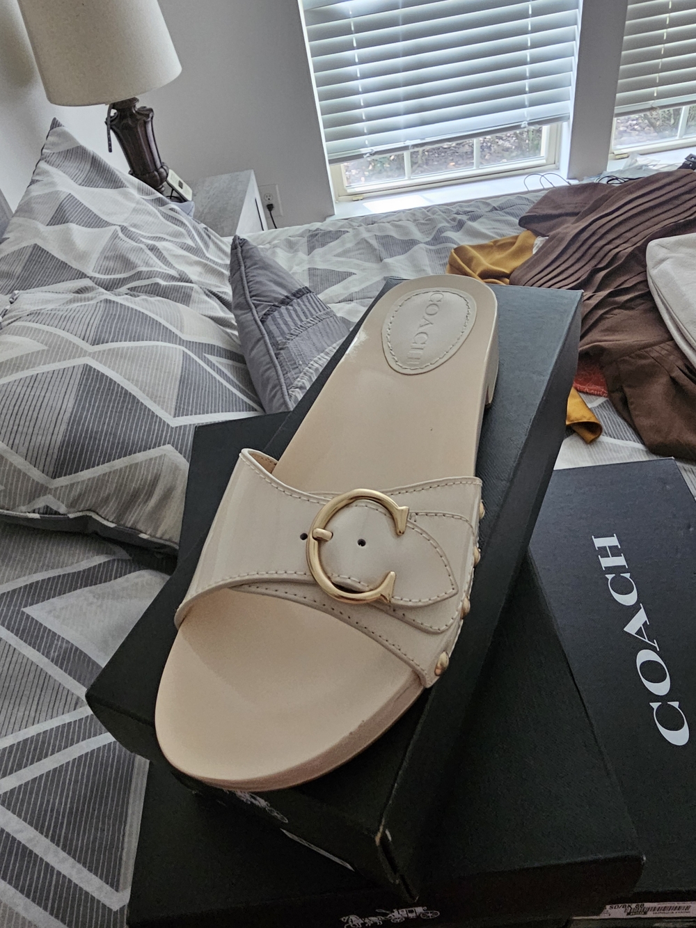 Coach Cream Leather Slide with Gold Buckle